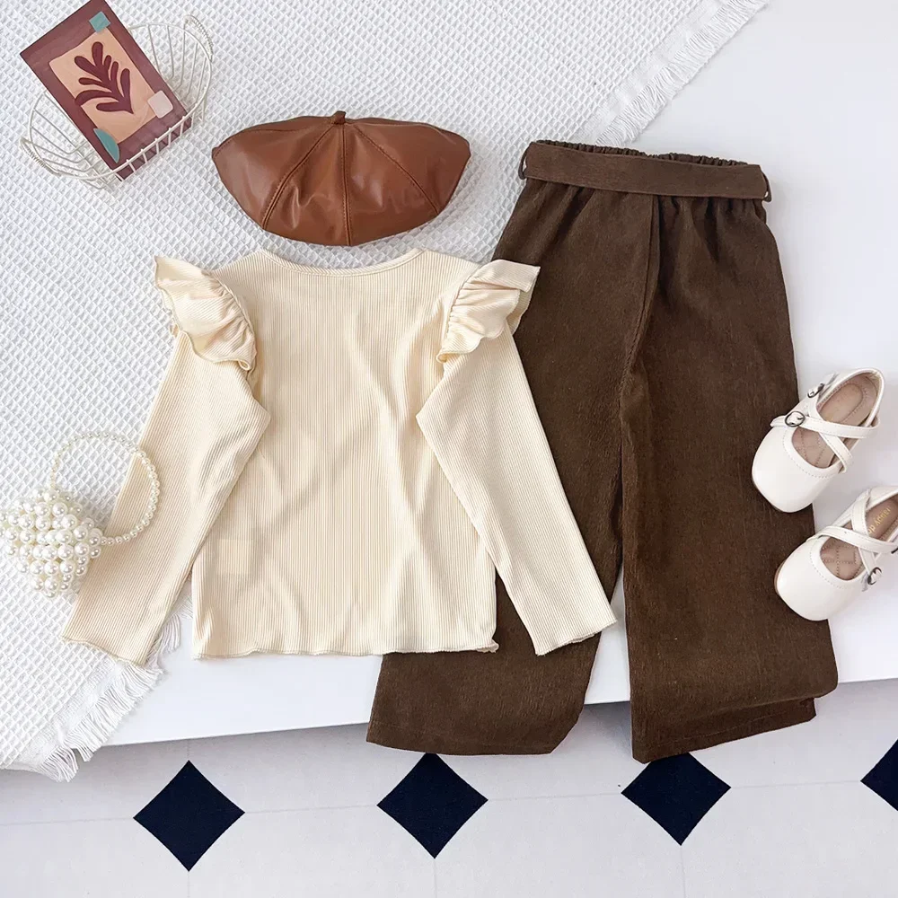 Spring Autumn New Children\'s Set Plain Long Sleeved Top+Brown Pants 2-piece Set Simple Kids Clothes Girls Solid Color Outfits