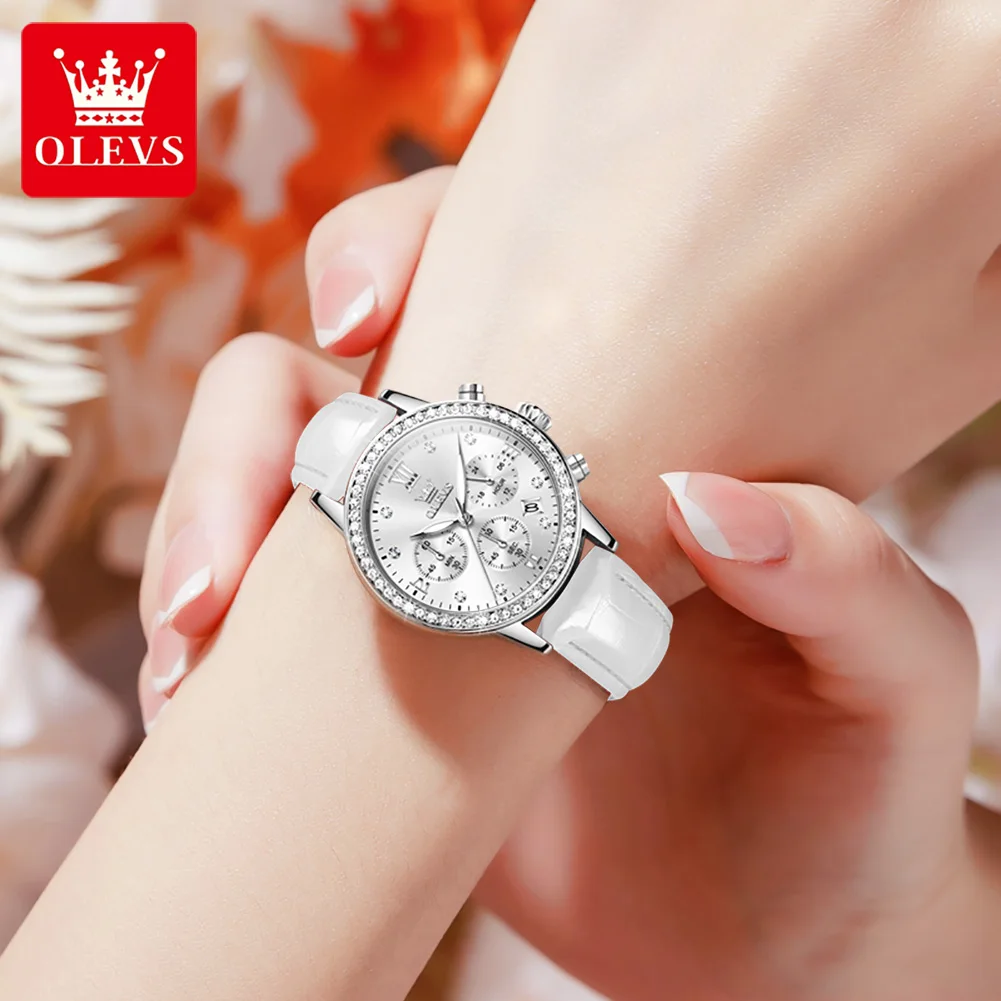 OLEVS 9933 Womens Watch Original Brand Diamond Ladies Quartz Wristwatch Waterproof Luminous    Leather Strap Multifunction Watch