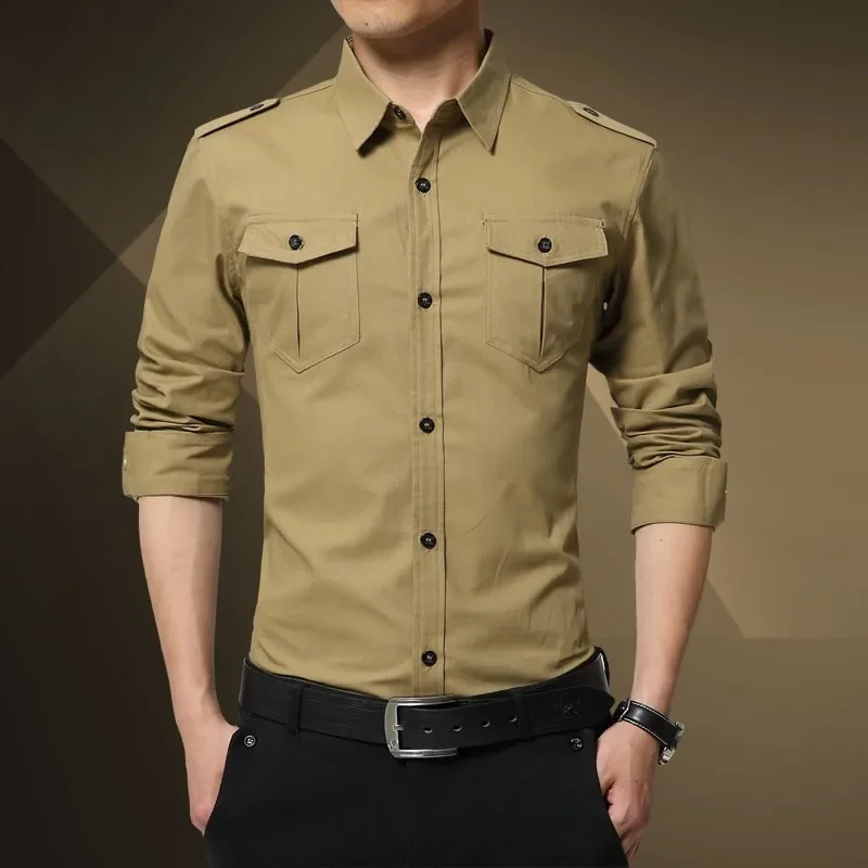 2025 Men\'s Military Style New Long Sleeve Slim Shirt Cotton Epaulet Double Pocket Casual Shirt