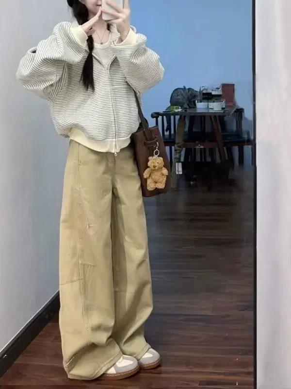 

American Style Retro Khaki Curved Blade Jeans Women's plus Size High Street Wide Leg Casual Pants Loose Fit Daily Wear