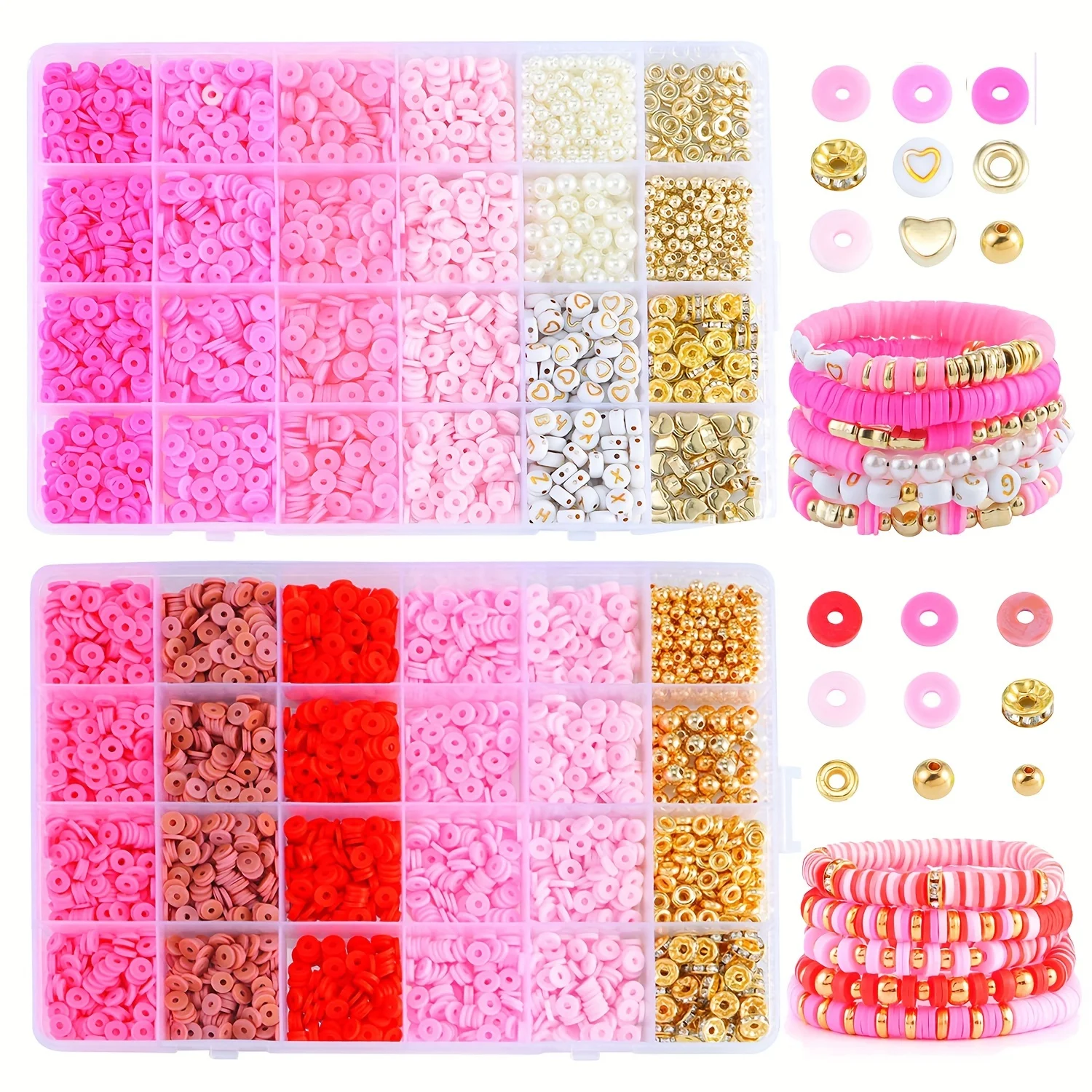 2400pcs/Kit Clay Bead Set Valentine's Day Pink Style For DIY Bracelet Making Kit Pearl Letter Ccb Beads 4 Color Polymer Clay