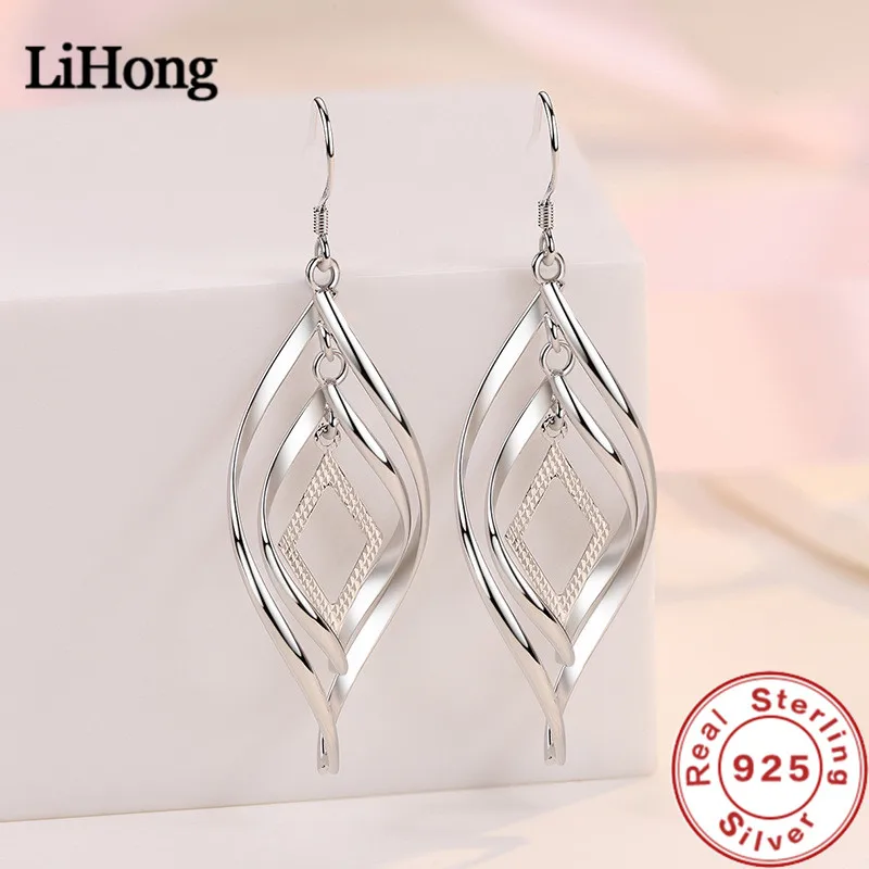 925 Long Sterling Silver Earrings Wavy Leaf Earrings, Long Earrings For A Woman'S Engagement Charm Jewelry Gift