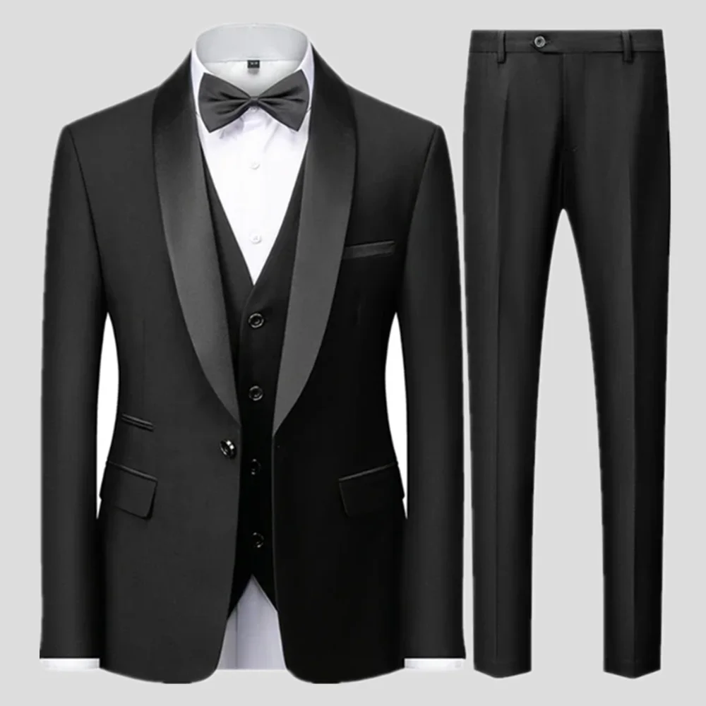 

2026 Black Men Autumn Wedding Party Three Pieces Set Large Size Male Blazer Coat Pants and Vest Fashion Slim Fit Suit