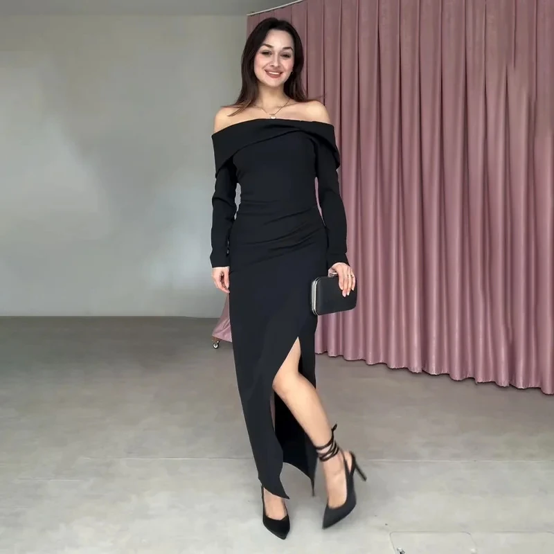 

2026 New Solid Color Long Sleeve Tube Top Backless Slit Bodycon Long Dress Fashion Elegant Temperament Womens Outfit