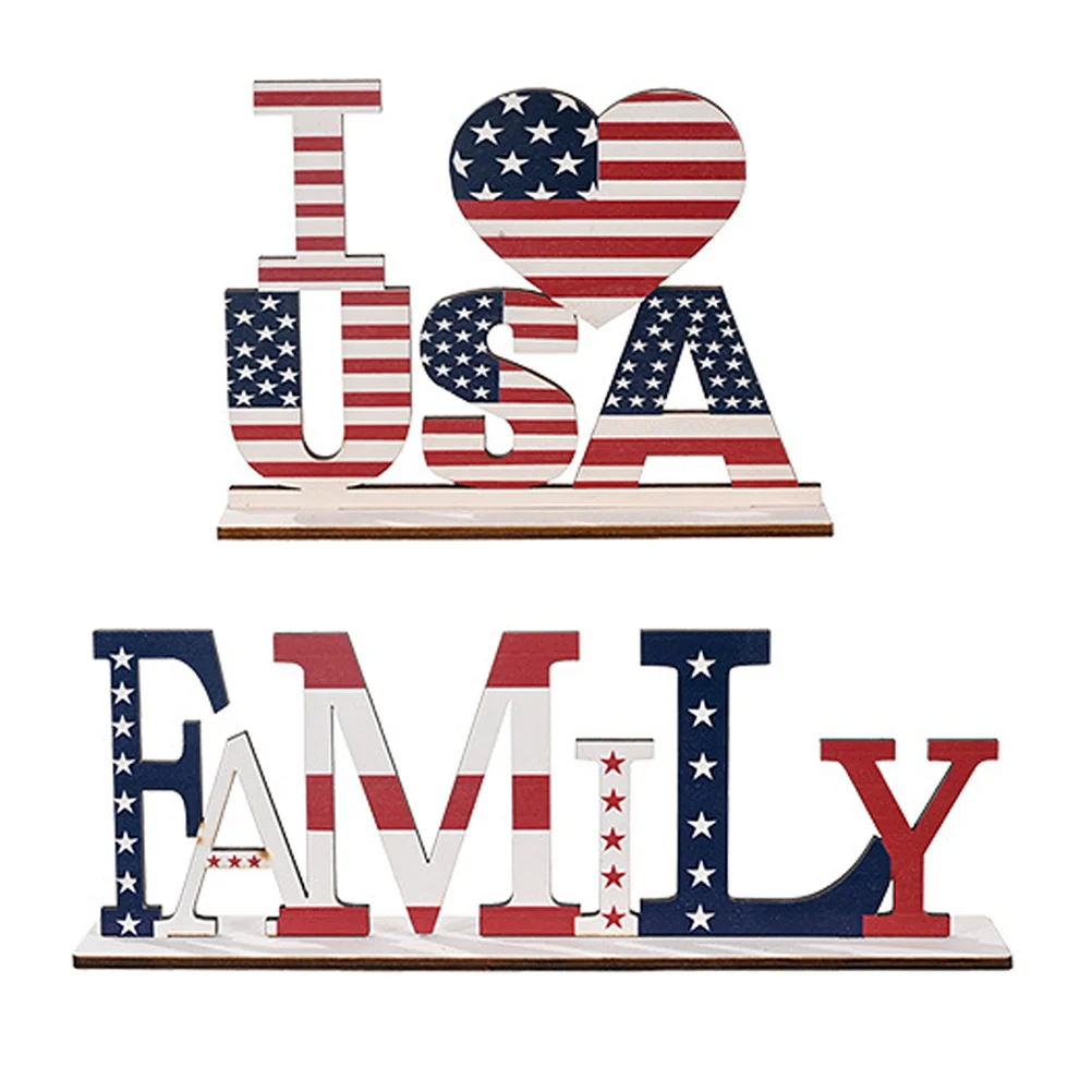 

2Pcs Wooden Desktop Ornaments Patriotic Letters American Flag Parts Home Decoration 4th July Independence Day Supplies