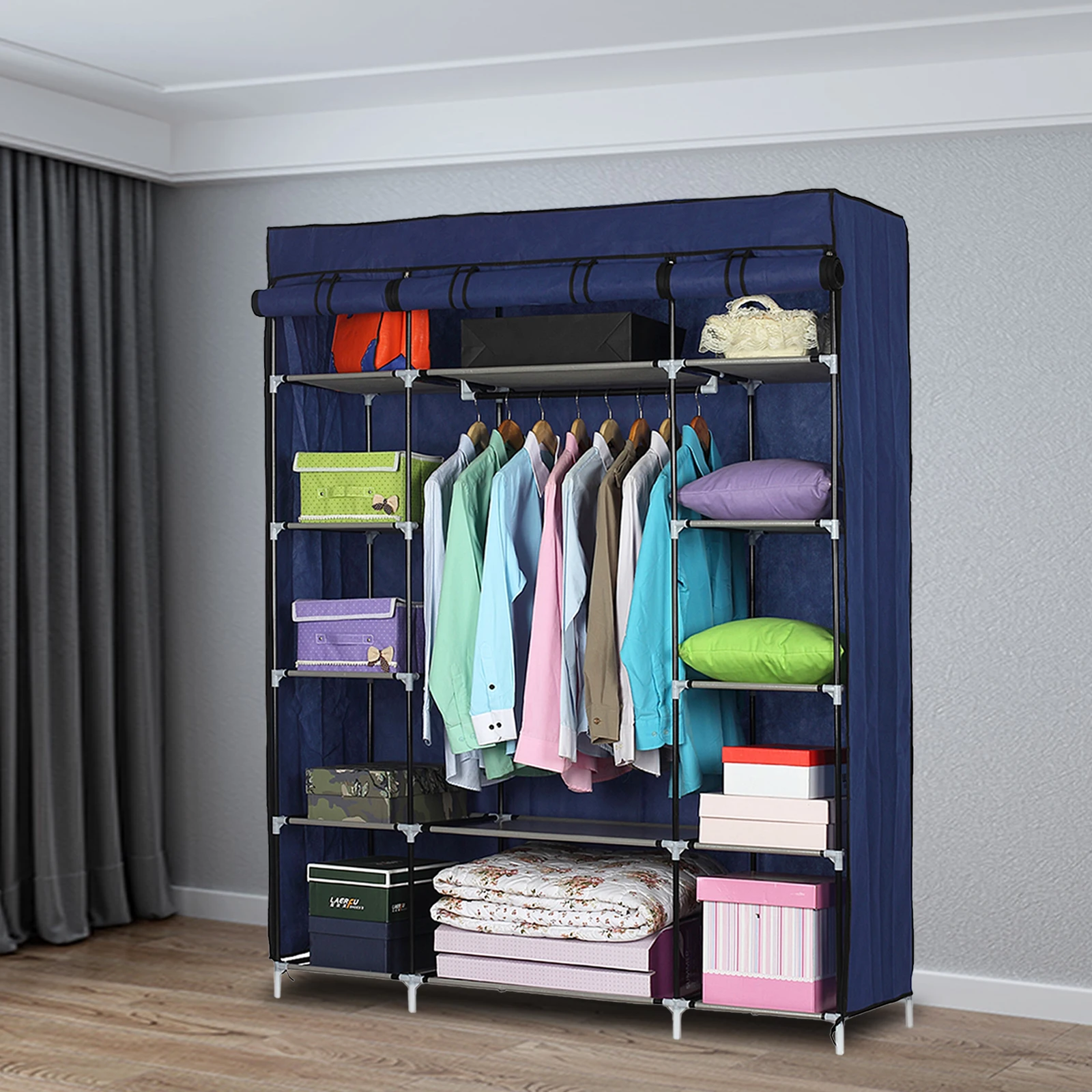 5-Layer 12-Compartment Non-woven Fabric Wardrobe Portable Closet Navy (133x46x170cm)