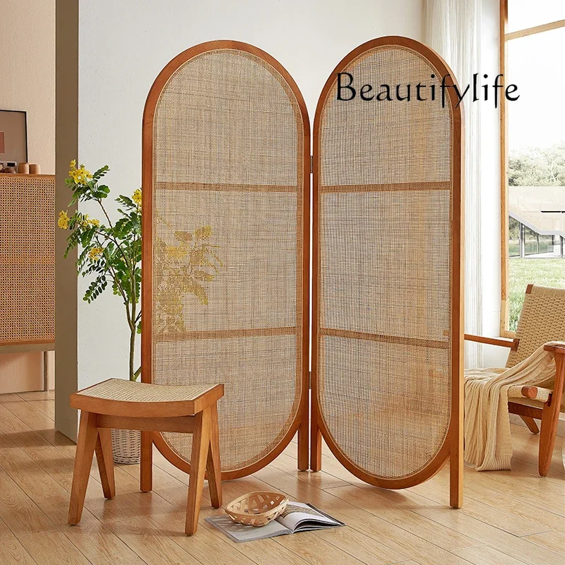 Rattan screen solid wood ins partition simple homestay entrance folding screen