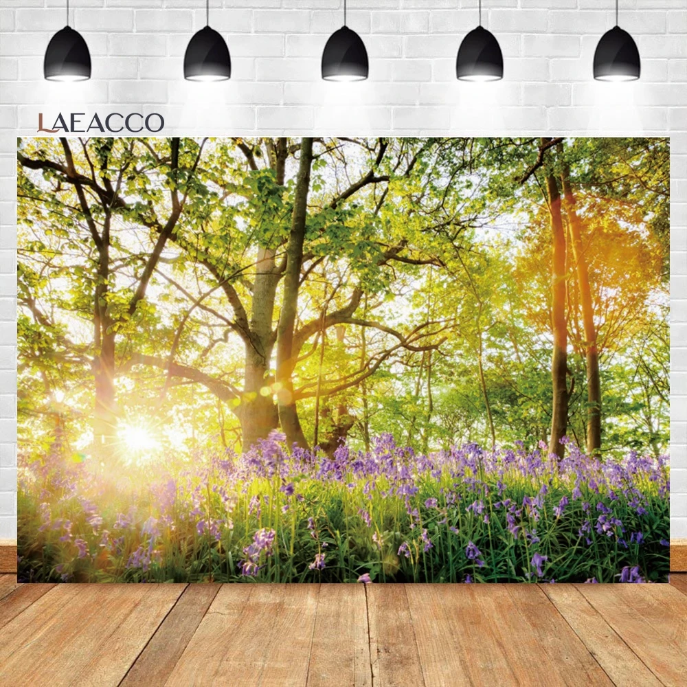 Laeacco Spring Rural Pasture Photography Backdrop Sunrise Field Meadow Wildflower Grass Cattle Kids Adults Portrait Background