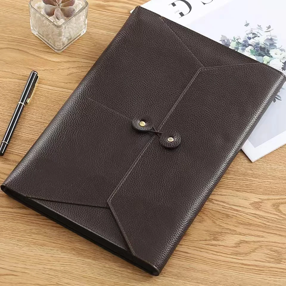 

Leather File Folder Large Capacity Document Bag Strap Buckle Waterproof Business Briefcase for Office Contract Bill Organizer