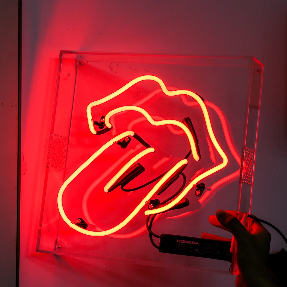 red lighting glass neon tongue with protection acrylic box