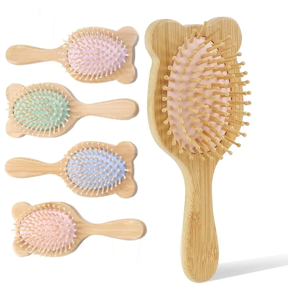

New with Air Cushion Bamboo Hair Brush Bear Ear Design Natural Wooden Paddle Detangling Brush for Hair Growth