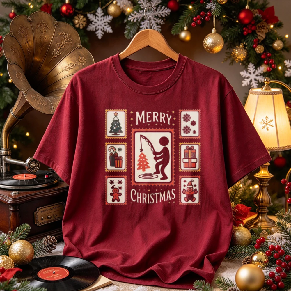 Merry Christmas Fishing T Shirt Men Women Vintage Funny Christmas Tree Stamp Graphic Tee Casual Short Sleeve Crewneck Xmas Gifts