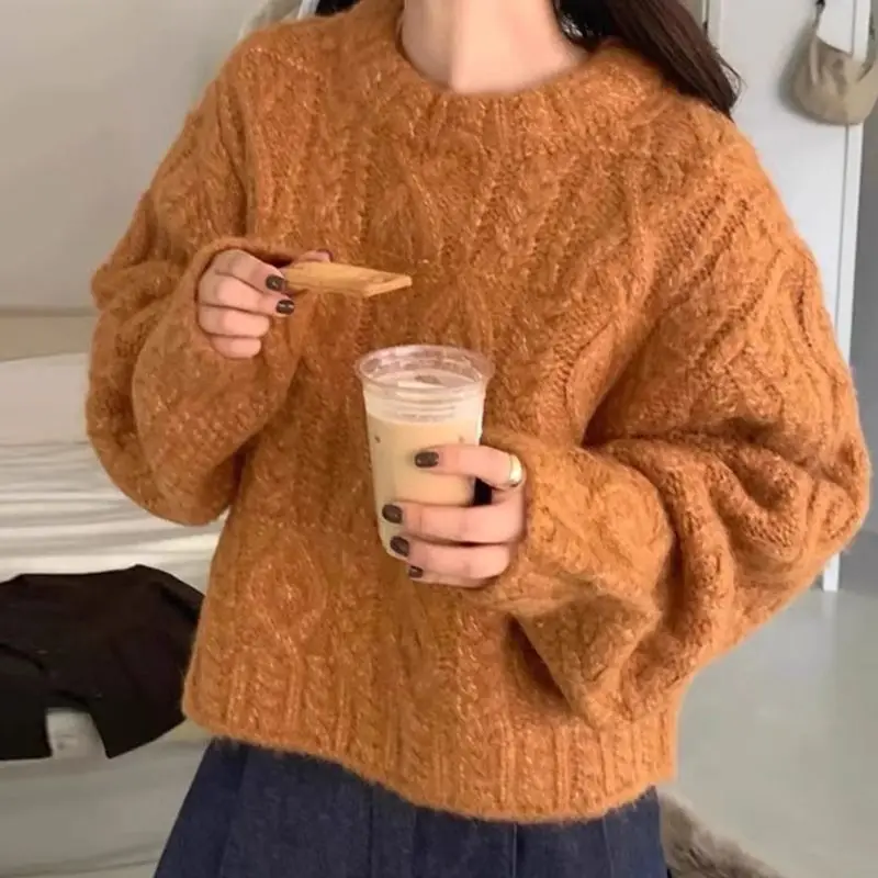 

Loose Long Sleeve Women's Knitted Sweater Autumn Winter Japanese Style Vintage Round Neck Warm Polyester Twist Casual Wear