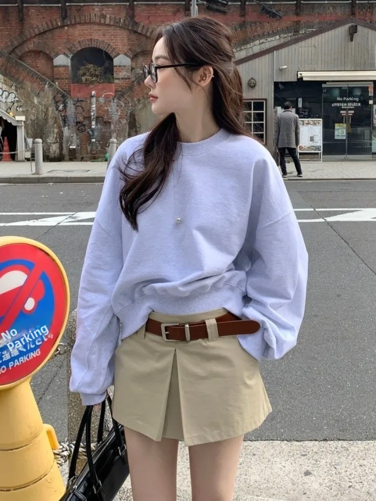 

Chic Spring Long Sve round Ne Loose Versatile Sweatirt High Waist Slimming Skirt Set Women's Faion Comfortable