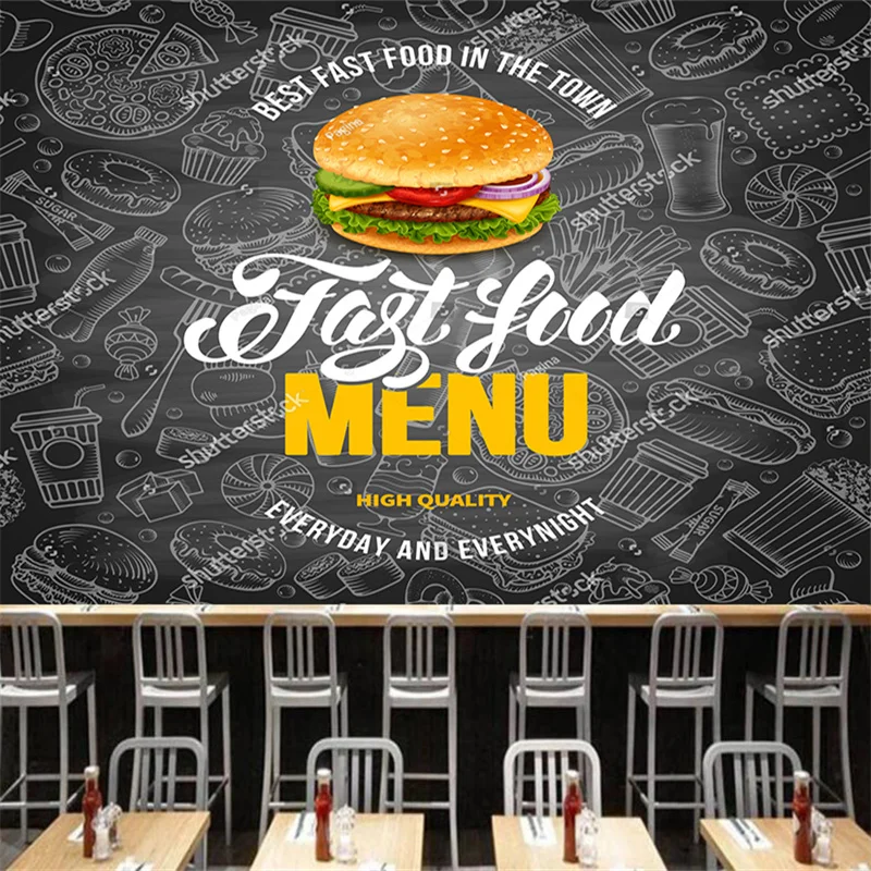 Custom Blackboard Burger Fast Food Wallpaper Industrial Decor Mural Restaurant Snack Bar Background Wall Papel De Parede