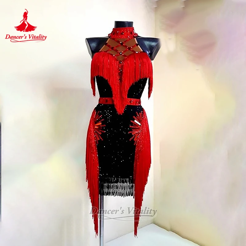 Women Chacha Samba Sleeveless Hight-neck Tassels Dress Adult&Teenagers AB Stones Latin Dancing Wear Customized Dancer's Vitality