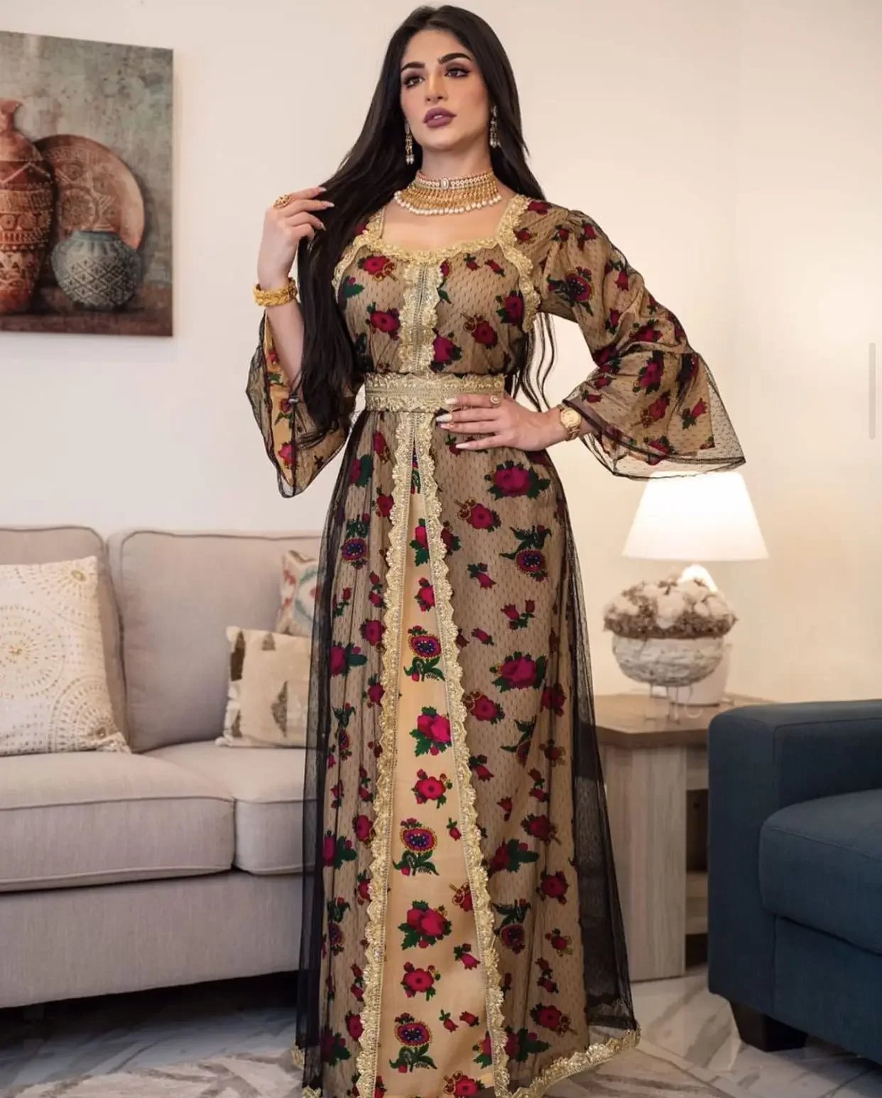 

UNI Eid Muslim Abaya Dress for Women Fashion Flower Print Mesh Long Sleeve Square Collar Ramadan Morocco Dubai Islamic Clothing