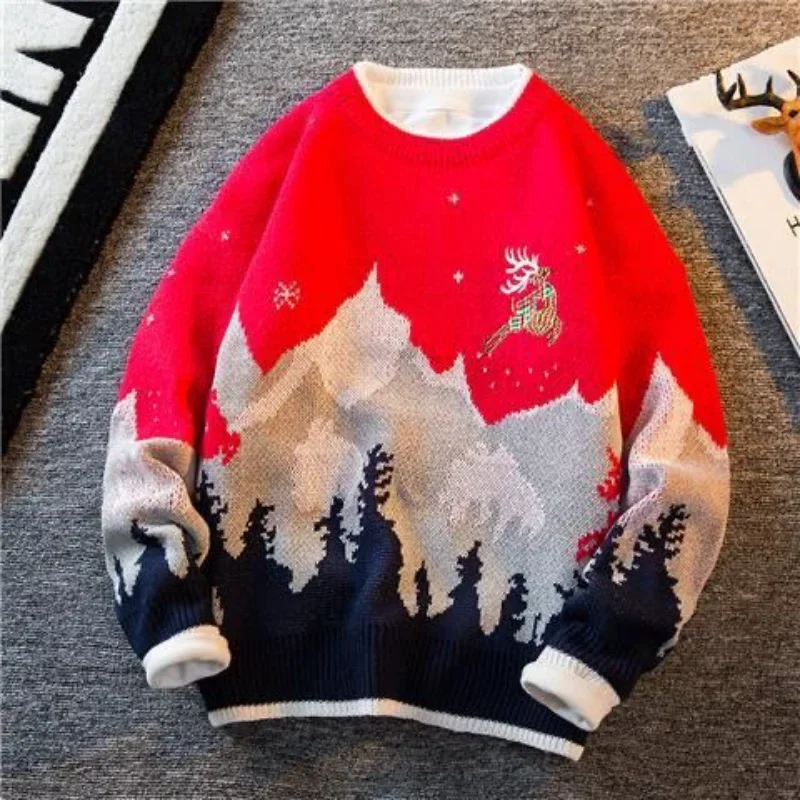 Pullover geometrico a maniche lunghe da uomo con girocollo filettato, colore a contrasto, top casual alla moda