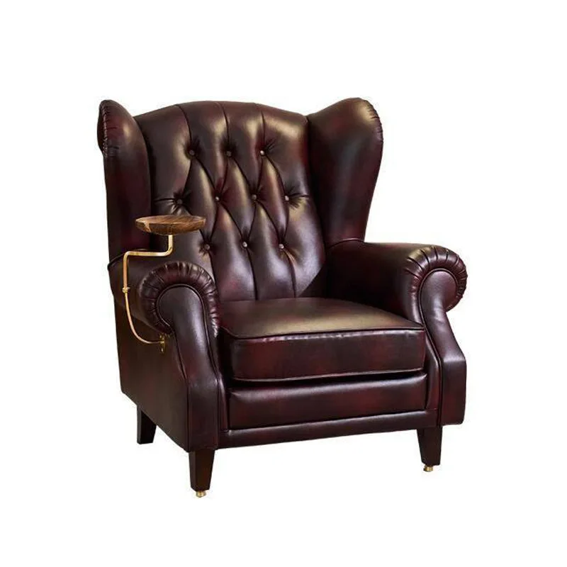 Vintage Cigar Chair with Tray Sofa Hotel Villa Single Leather Sofa