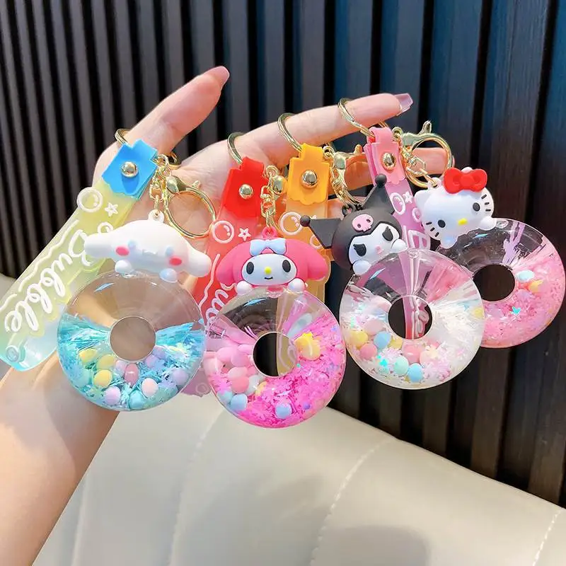 New cute Sanrio Donut Kuromi Cinnamoroll Hello Kitty keychain Acrylic Quicksand Bottle Cartoon Doll Bell Backpack Pendant Gift