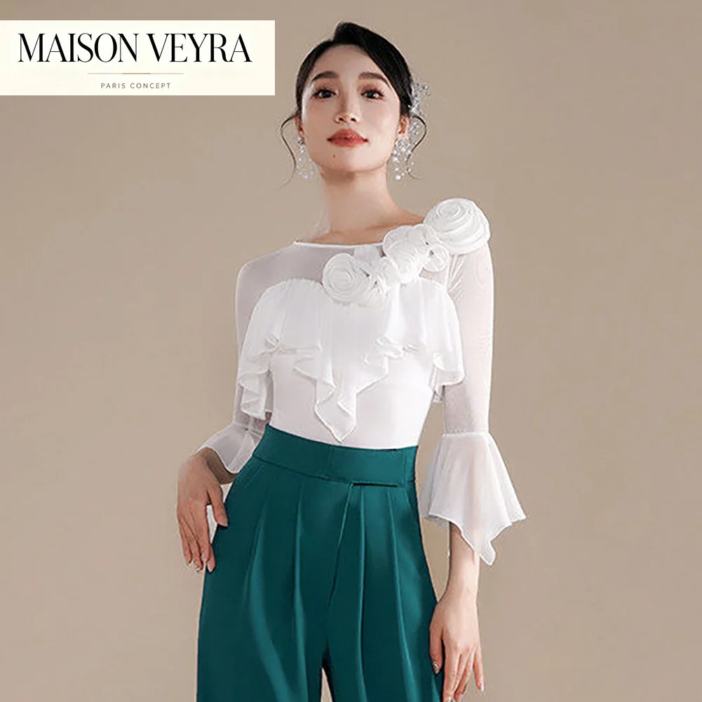 top-de-baile-de-salon-rosa-con-flores-tridimensionales-top-profesional-con-volantes-de-manga-larga-negro-para-vals-top-elegante-blanco-para-mujer
