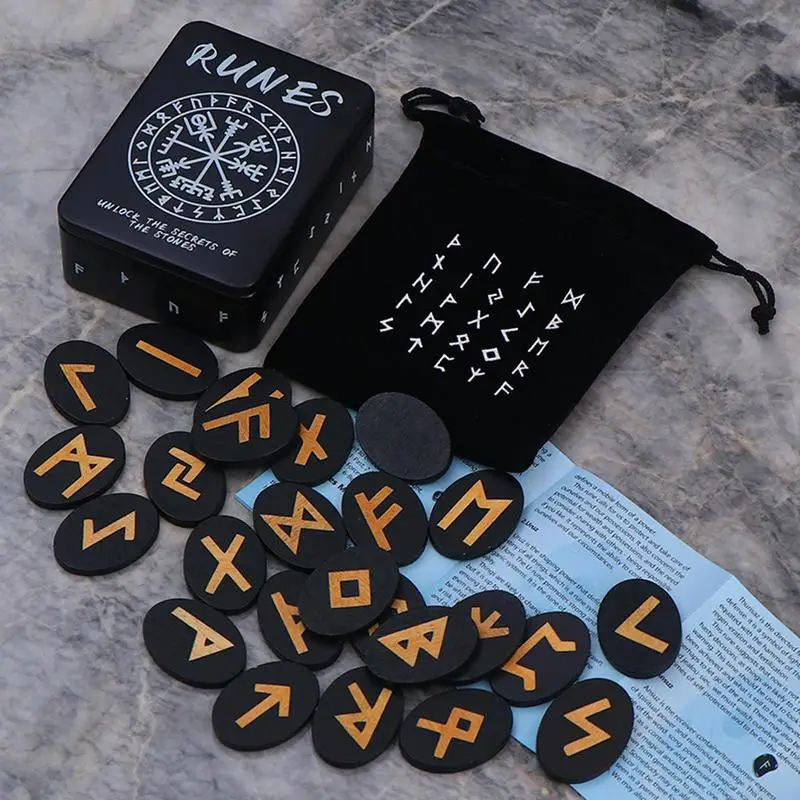 Witches Runes Set Altar Divination Tools with Manual and Storage Bag 25Pcs Wood Runes Altar Runes for Beginners Board Game