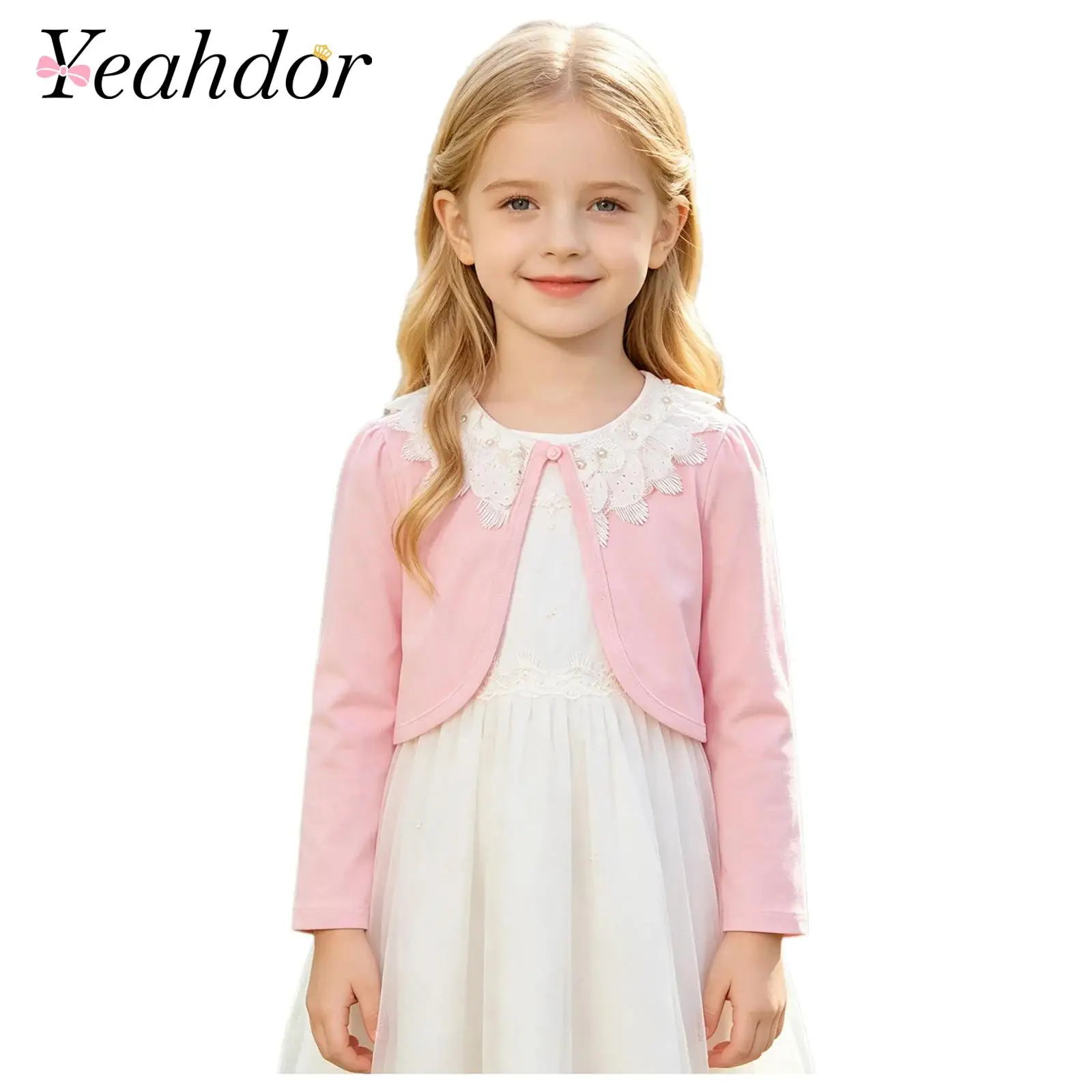 

Kids Girls Cardigan Coat Lace Collar Long Sleeve Open Front One-button Bolero Outerwear Shawls Wraps Cover Up Flower Girl Jacket