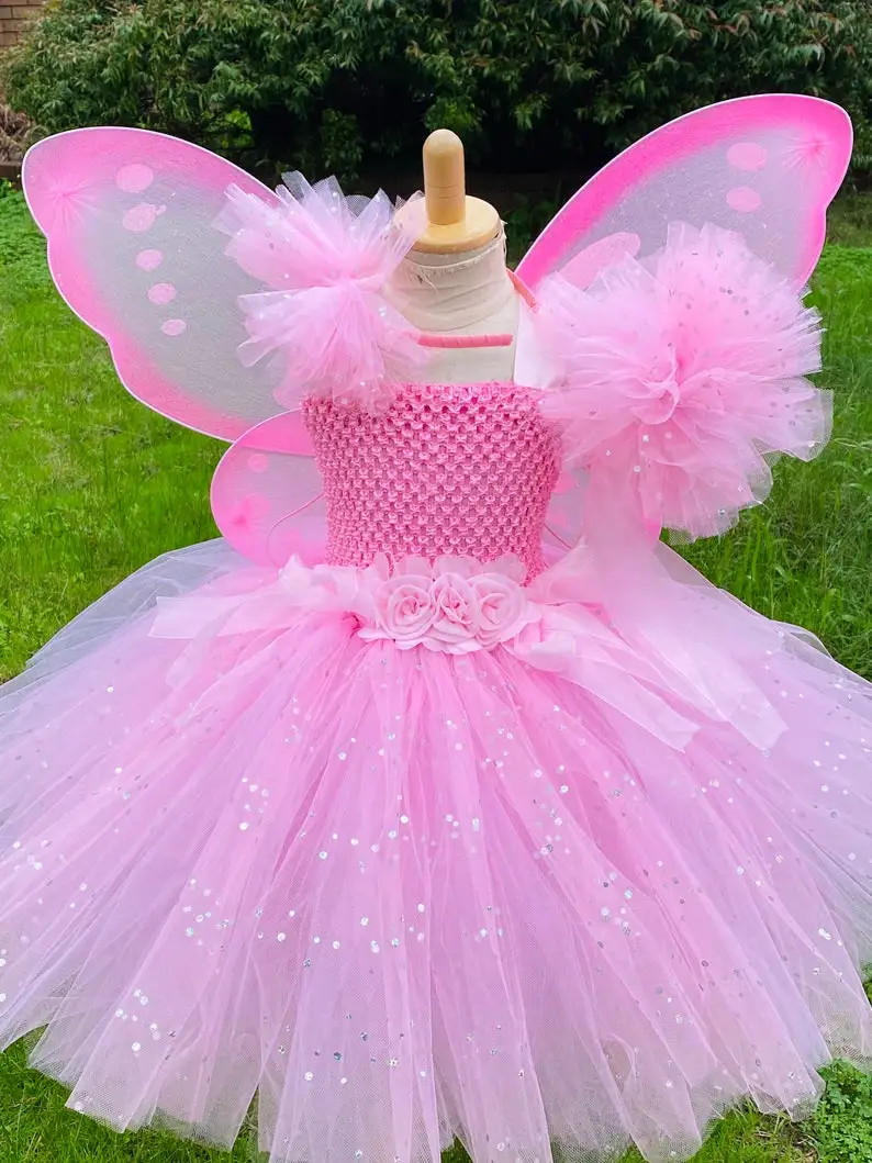 Cute Girls Pink Glitter Flower Tutu Dress Kids Butterfly Fairy Dress Outfit Children Birthday Party Costumes Princess Dresses