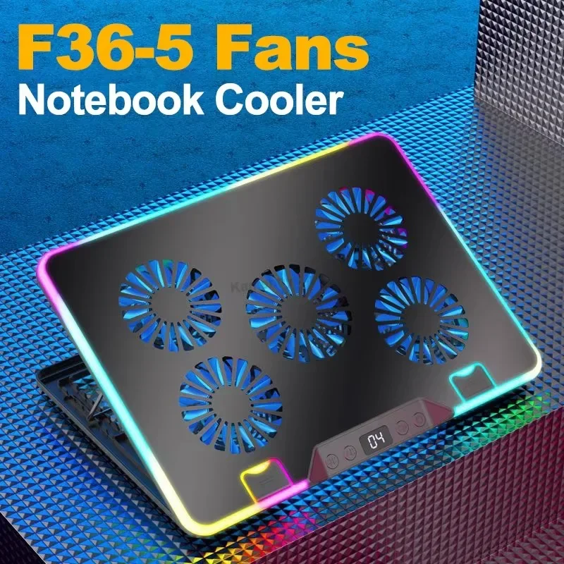 

F36 7 Angle Adjustable Gaming Laptop Cooling Pad for 11-17.3'' 5 Fan Notebook Cooler Stand 2 USB Ports LED Screen Laptop Bracket