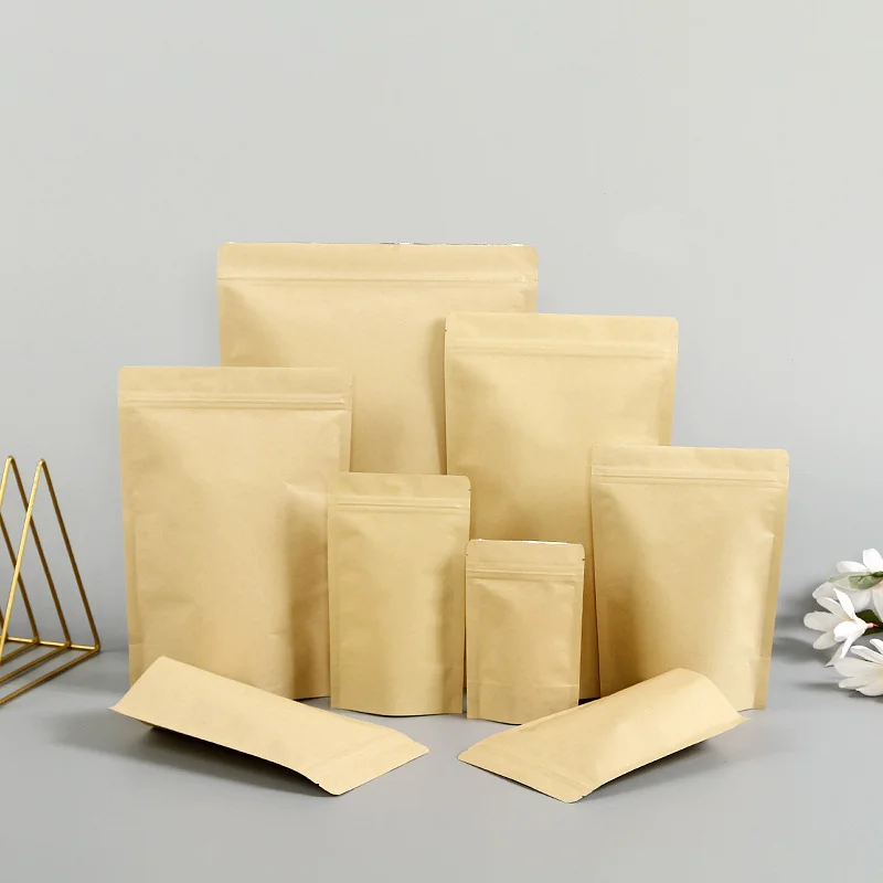 50/100pcs Kraft Paper Lined Aluminum Foil Standing Pouches Gift & Fruit Packaging Bags Zipper Self-Sealing Bags