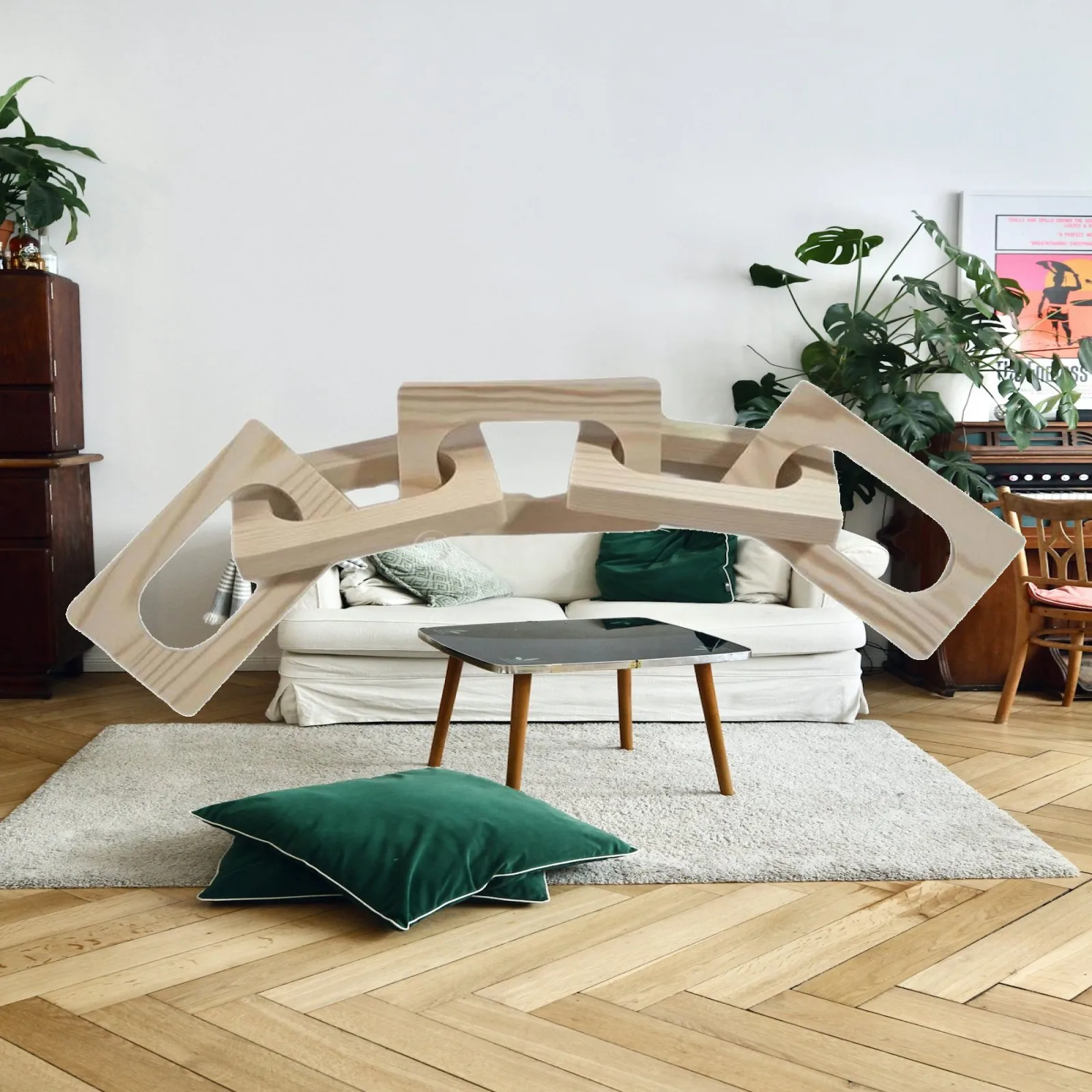 Wooden Toy Style Chain Decor Piece Interlocking Rectangular Loops for Creative Tabletop Display Natural Finish