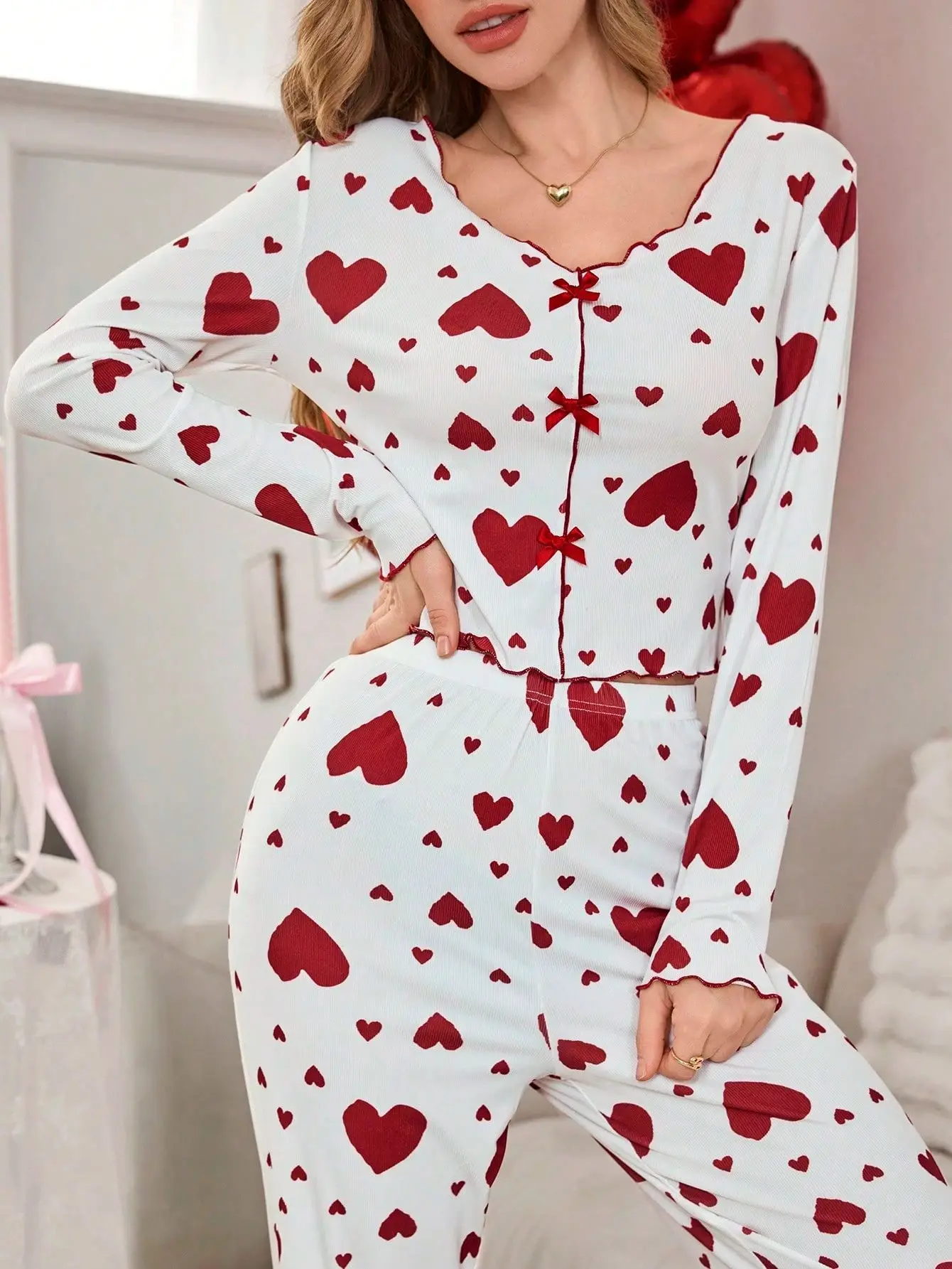 Women Autumn Winter Sleepwear Heart Print Long Sleeve Tops with Long Pants Trouser 2 Pieces Pajamas Sets Loungewear