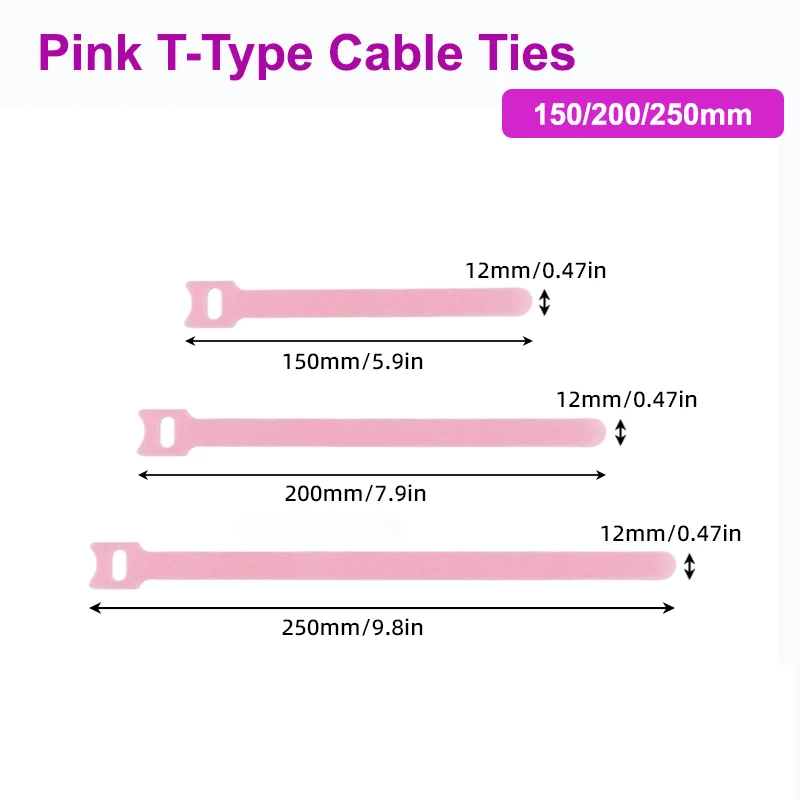 

Pink T-type Releasable Cable Ties Wrap Zip Bundle Detachable Wire Fastening Cable Tie Plastics Nylon Hook and Loop Straps