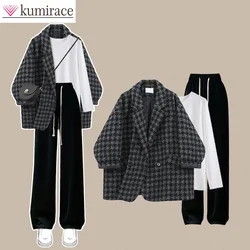 Autumn High Quality Plaid Coat Women's 2024 New Fashionable Loose Coat Bottom Top Casual Pants Three Piece Set Clothes for Women