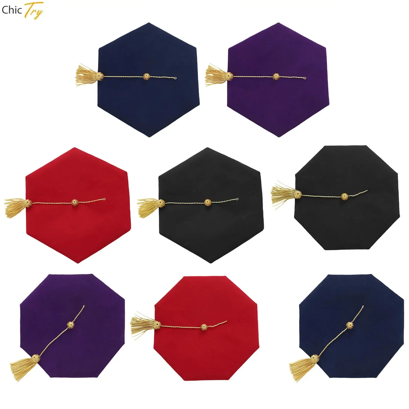 Graduation Doctoral Hat 6/8-Sided Velvet Tam Hat with Gold Bullion Tassel Adjustable Head Cap for Commencement Graduation Hat