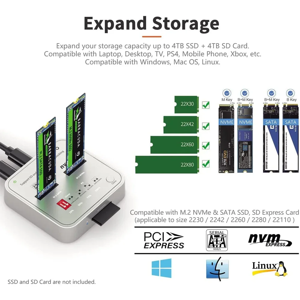 MAIWO M.2 NVMe SATA 케이스, SSD 도킹 스테이션, USB 3.1, GEN2, 10Gbps M2 솔리드 스테이트 드라이브 복제기, PC용 SD 카드 리더