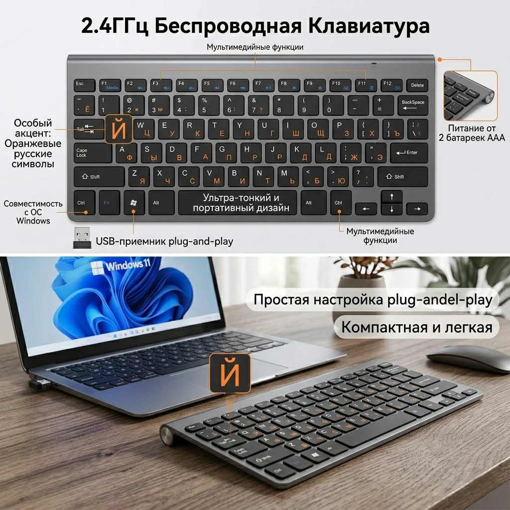 Russian Orange Characters Layout Wireless Keyboard And Mouse Combo 2.4G Multimedia Keyboard Mouse Set for Windows Laptop Desktop