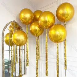 2/5Pcs Gold 4D Round Balloons with Tassel Tail Metal Gold Round Foil Helium Balloons for Birthday Christmas Wedding Decorations