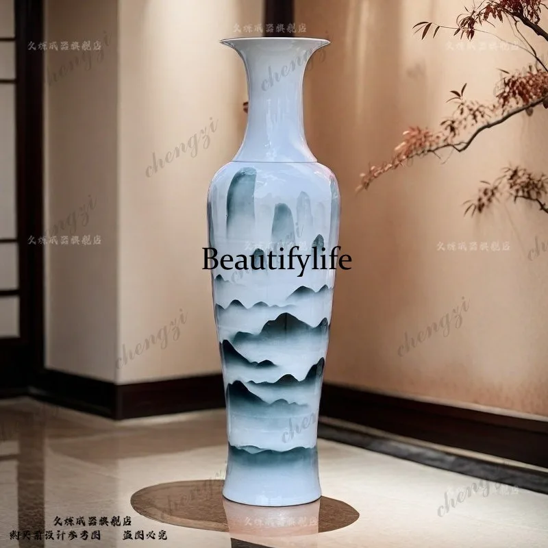 Jingdezhen ceramics hand-painted landscape painting floor-to-ceiling large vase living room study large ornament