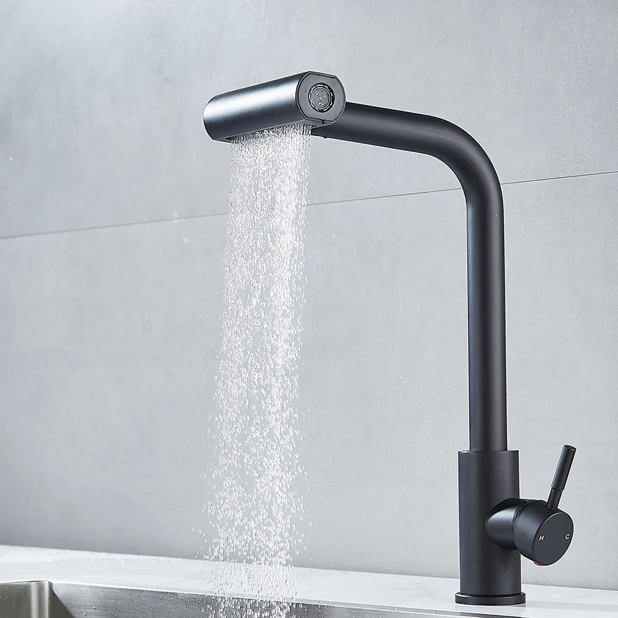 1 Set of Black Pull-Out Faucet with Four Water Modes: Bubbler/Waterfall/Rainfall/Power Wash, Suitable for Rvs and Home Kitchen Hot and Cold Water Faucets, Balcony No-Dead-Angle Cleaning, Extendable Sink Faucet