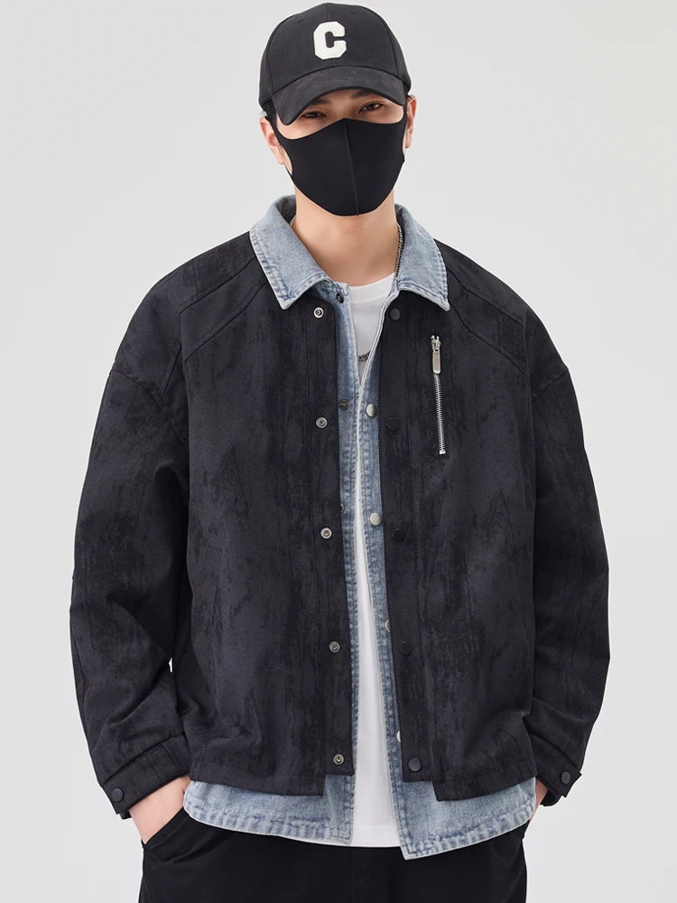 2025 Spring and Autumn New Off-White Fake Two-Piece Denim Lapel Jacket Men's Trendy Versatile Casual Black Jacket