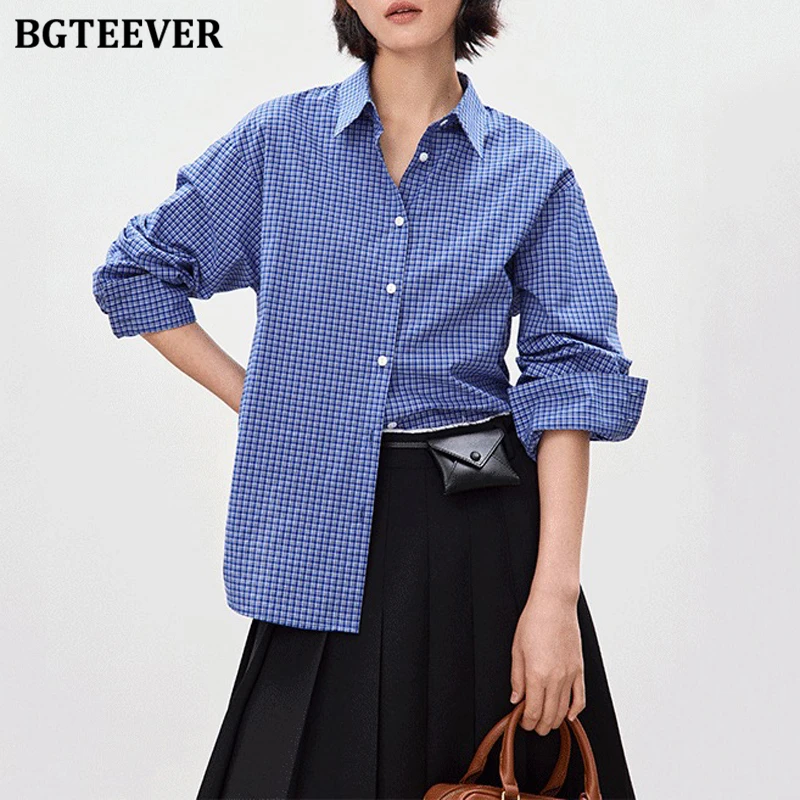 

BGTEEVER повседневные свободные женские клетчатые рубашки с лацканами, блузки, весенне-осенние женские однобортные блузки, топы