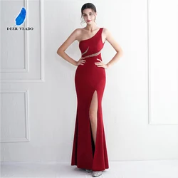 DEERVEADO One Shoulder Soft Satin Evening Dresses Long 2022 Sexy Slit Burgundy Party Maxi Dress Women's Prom Dresses