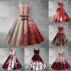 Bloody Print Vintage Halloween Dress Sleeveless Evening Swing Party Prom Dress Gothic Spaghetti Straps Dresses For Women