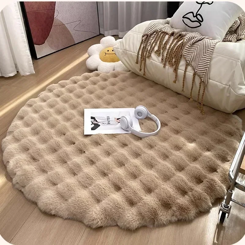 Nordic Faux Rabbit Fur Mat Fluffy Soft Area Rug Anti-Slip Shaggy Round Rugs for Bedroom Plush Bubble Velvet Floor Mat Room Decor