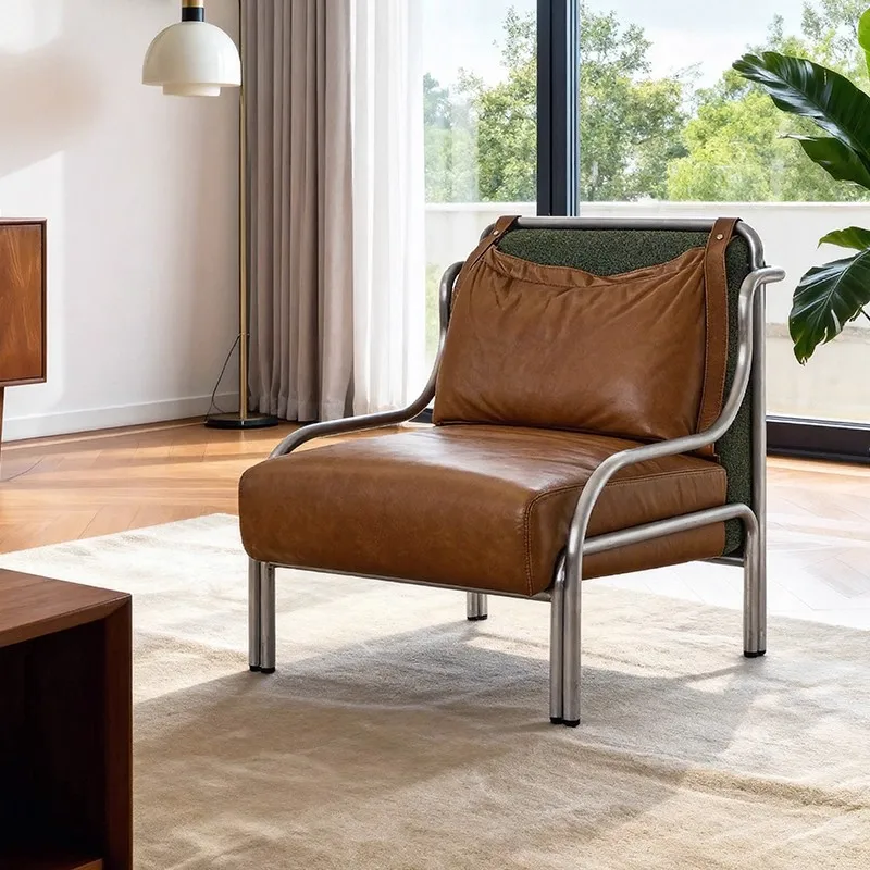 Medieval leather single sofa leisure chair stainless steel brown leather art chair study cafe B & B available
