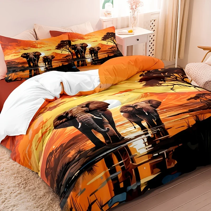 3pcs Set of Two Elephant Down Duvet Covers 3D Digital Print Bedding Set Soft and Comfortable Breathable Bedding Set for Bedroom