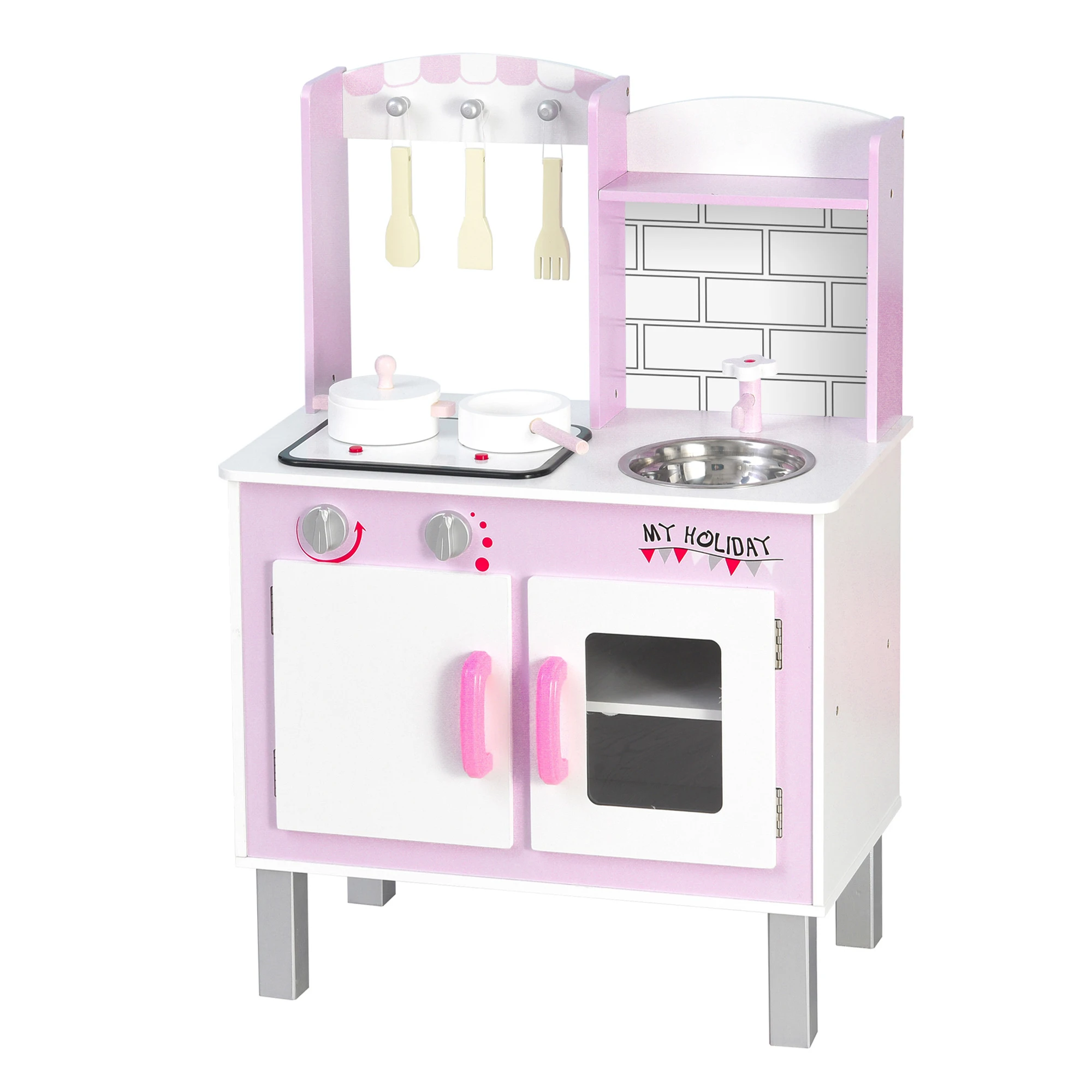 HOMCOM toy kitchenette with sound function cabinet hooks children's kitchen educational for + 3 years Wood 55x30x80 cm pink