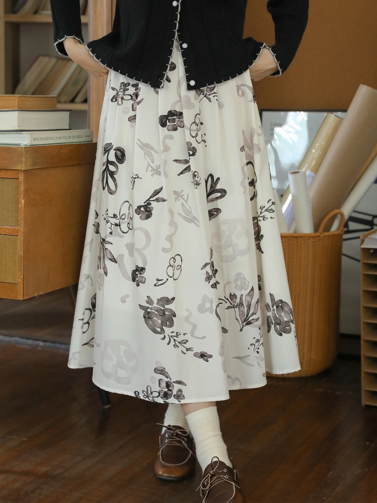 

Nesoulum Bla White Print High Waist Cotton Midi Skirt Women's Spring Artistic Vintage Slimming f-length Skirt