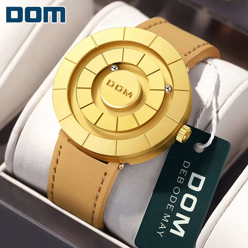 Reloj de pulsera de cuarzo casual diario para hombre con bisel geométrico dorado de lujo, esfera abierta sin espejo, correa de cuero y bola magnética DOM.